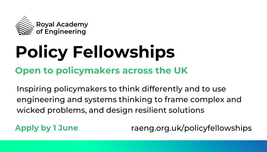 RAEngNews's tweet photo. Open now! Our #PolicyFellowships programme shows civil and public servants how to use systems thinking approaches to tackle problems in their areas of work. 

Find out more and apply now:  https://t.co/3kBB8Khr0N https://t.co/NqzN3HWrCw