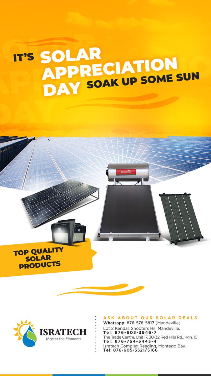 At Isratech Jamaica Limited we pride ourselves in bringing the worlds leading brands in solar energy to Jamaica and the wider Caribbean to better reduce energy costs.

#solar #solarappreciationday #energy #panels #technology #savings #chromagen #solarwaterheater #waterheater