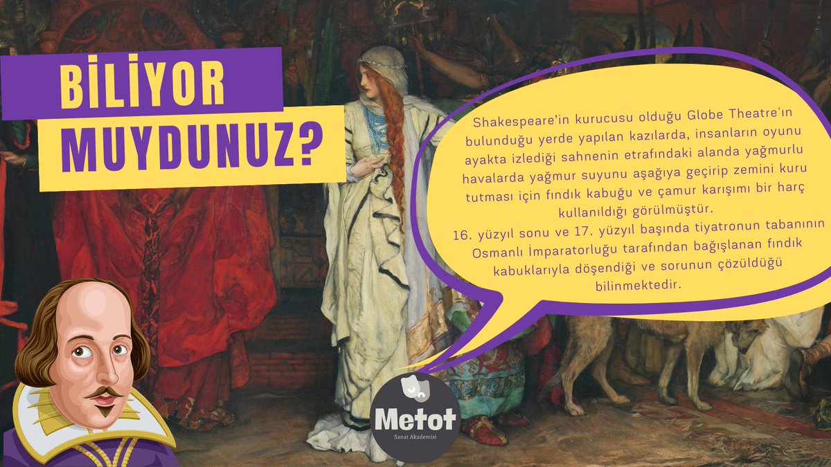 Biliyor Muydunuz?
...
..
.

Globe Theatre'ın bulunduğu yerde yapılan kazılarda, sahnenin etrafındaki alanda yağmurlu havalarda zemini kuru tutmak için fındık kabuğu ve çamur karışımı bir harç kullanıldığı ortaya çıkmıştır.

metotsanatakademisi.com

#Shakespeare #müzikal #tiyatro