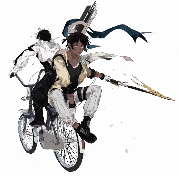 自転車を2ケツして敵を撒くエリジウムさんとソーンズさんです #アークナイツ 