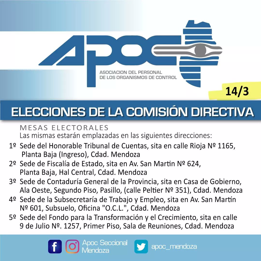 APOC_Mendoza's tweet photo. 👉MENDOZA - Elecciones👈
Convocamos a todos los afiliados y afiliadas a participar en las elecciones de Comisión Directiva y para Congresales de nuestra APOC Seccional Mendoza el próximo martes 14 de Marzo.

📍🕗 Lugares de mesas electorales y horarios en placa. https://t.co/2VNRB86etk
