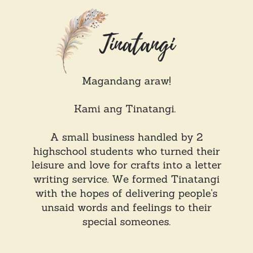 TinatangiLiham's tweet photo. 💌 tinatangi

Unsaid words? Don't worry! Tinatangi is here to help you say those feelings to your special someone. Sa paglahad ng damdamin, nandito ang Tinatangi upang tulungan ka. https://t.co/9q5rYebHVs