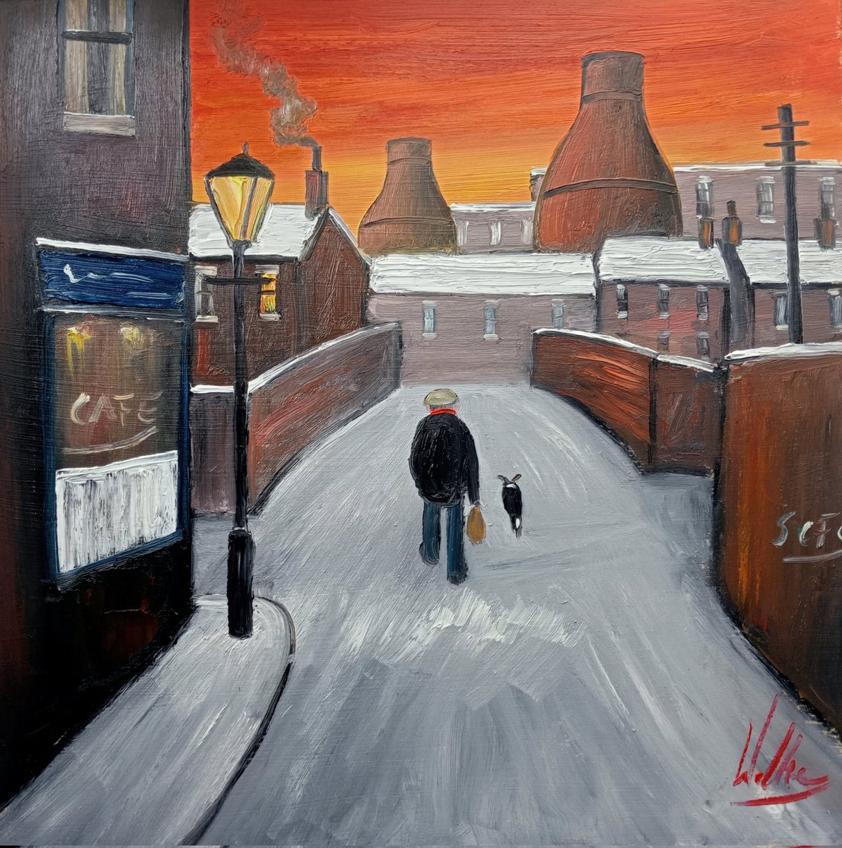 Man and Dog - oil on board.
#art #northernart #oilpainting #stokeontrent #stoke #Staffordshire #mananddog #dogwalking #vintage #thepotteries #artgallery #artcollector #collectables #collectibles #lslowry #industrialart #pictures