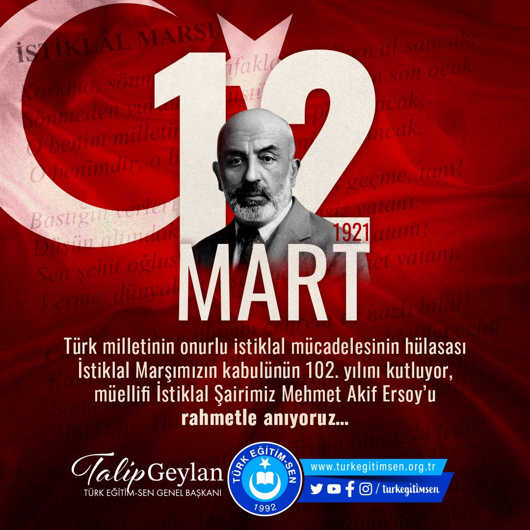 KORKMUYORUZ;
YURDUMUZUN ÜSTÜNDE TÜTEN EN SON OCAK SÖNMEDEN, BU ŞAFAKLARDA YÜZEN AL SANCAK SÖNMEYECEK!

Akif’in “Allah, bu millete bir daha İstiklal Marşı yazdırmasın.” duası, ecdadımızdan aldığımız en büyük ödevdir.