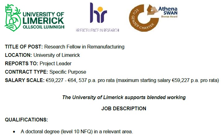 We are recruiting a Research Fellow to work on a project examining remanufacturing in Ireland. Ideal for someone with a mixed methods background, but training will be provided. Please share with anyone who may be interested. 

More details: my.corehr.com/pls/ulrecruit/…