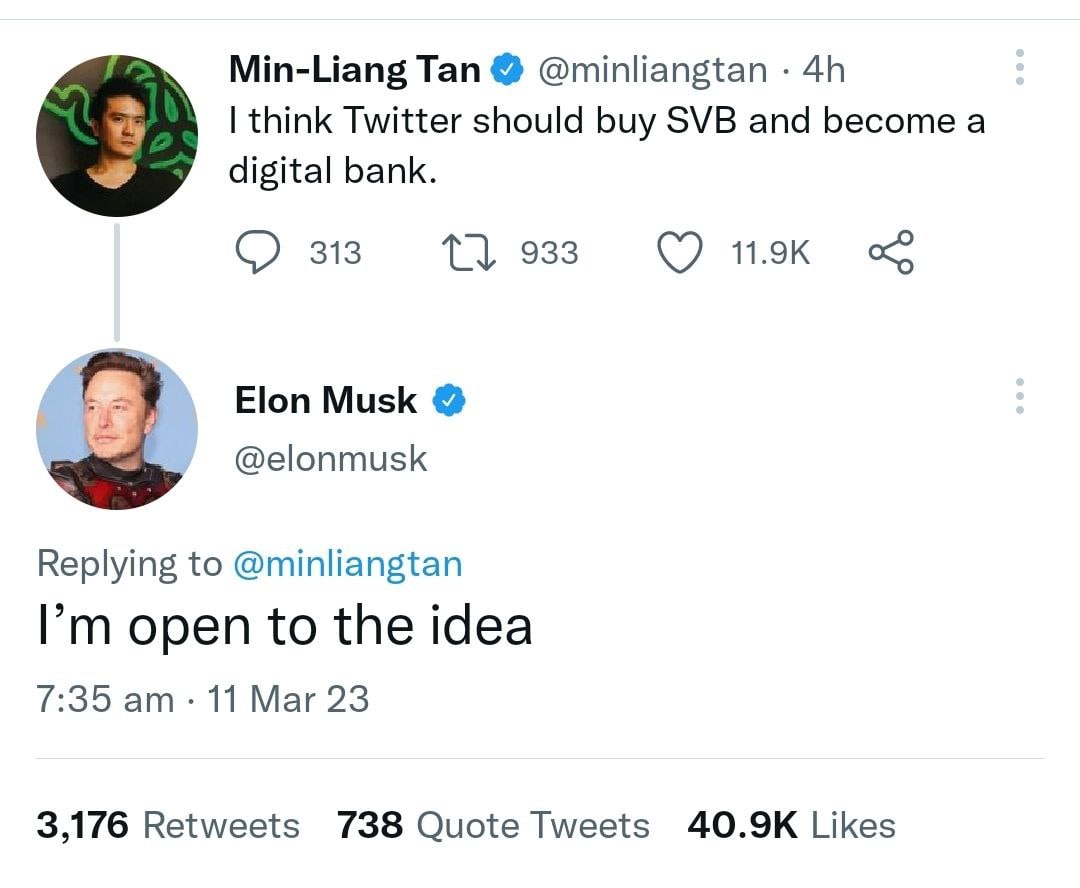 California Banking regulators have announced the shutdown of #SiliconVallyBank Financial Group marking the 2nd bank closure after Silvergate Capital 🏦

@minliangtan suggested that #Twitter should buy SVB & turn it into a digital bank. @elonmusk replied 'I'm open to the idea' 💡