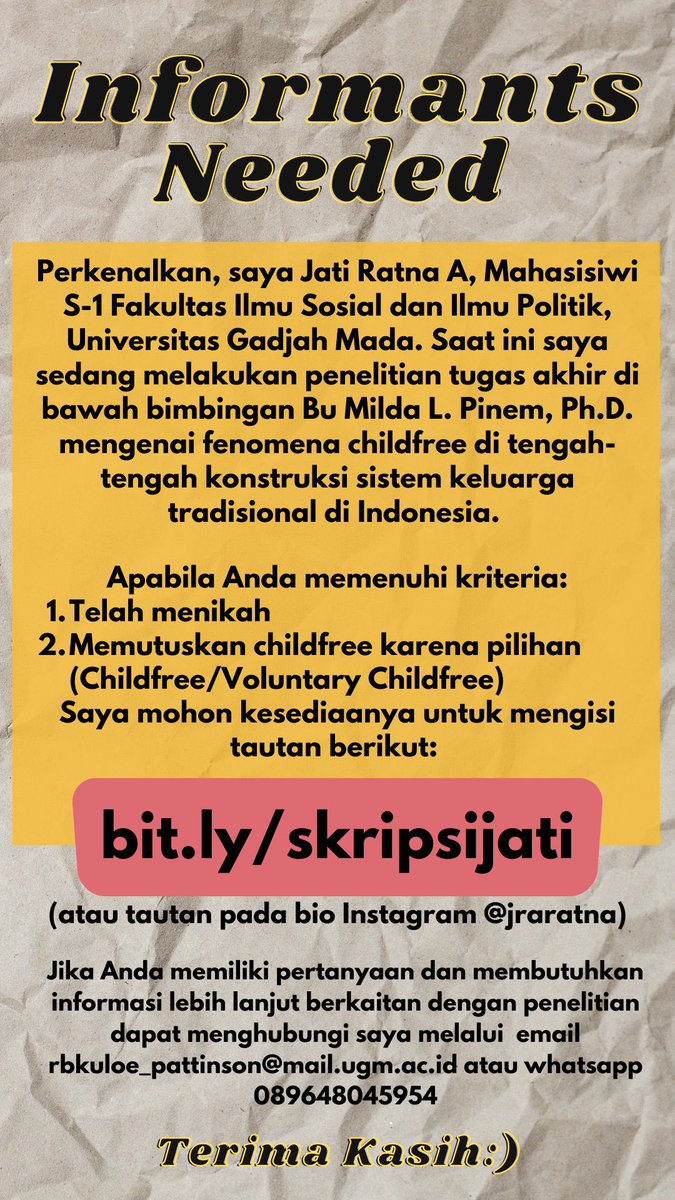 UGM_FESS's tweet photo. Halo warga twitter, saya Jati R.A mahasiswi S-1 FISIPOL UGM 2019. Saat ini saya sedang melakukan penelitian tugas akhir mengenai fenomena childfree di tengah-tengah konstruksi sistem keluarga tradisional di Indonesia. https://t.co/K4RQTe5WSf