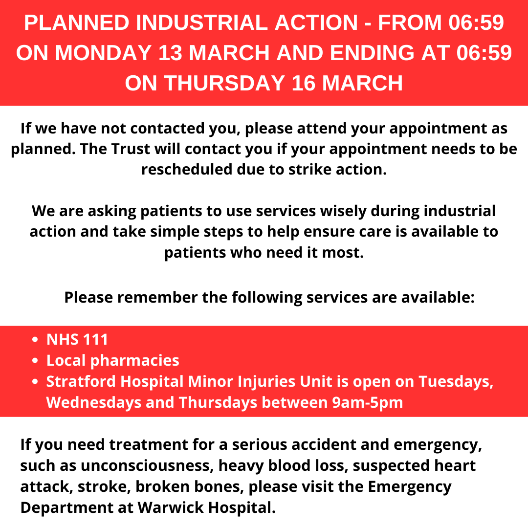 nhsswft's tweet photo. Planned Industrial Action - from 06:59 on Monday 13 March and ending at 06:59 on Thursday 16 March.

If we have not contacted you, please attend your appointment as planned. The Trust will contact you if your appointment needs to be rescheduled due to strike action. https://t.co/lMo1Zn0Mg3