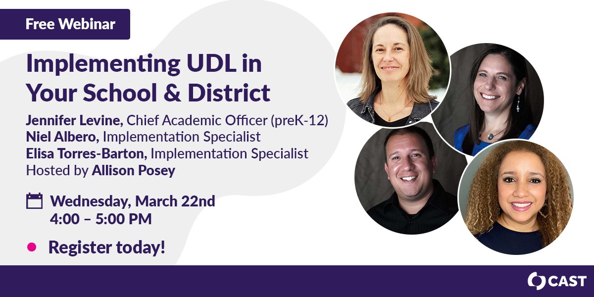 CAST_UDL's tweet image. Learn how to support ALL your students, including those not performing to their potential. Join @jlevineCAST, @AlberoNiel, &amp;amp; Elisa Torres-Barton for Implementing #UDL in Your School &amp;amp; District, hosted by @AllisonAposey. Register for FREE: ow.ly/WBIO50MZTWJ #EdTalk #UDLchat