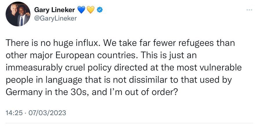 I stand by every word in @GaryLineker's tweet. If you want me fired, please send your complaints to Old High St Stephen's Church in Inverness. Staying quiet in the face of evil is wrong. You can't love your neighbour and support the policies of this government. #GaryLineker