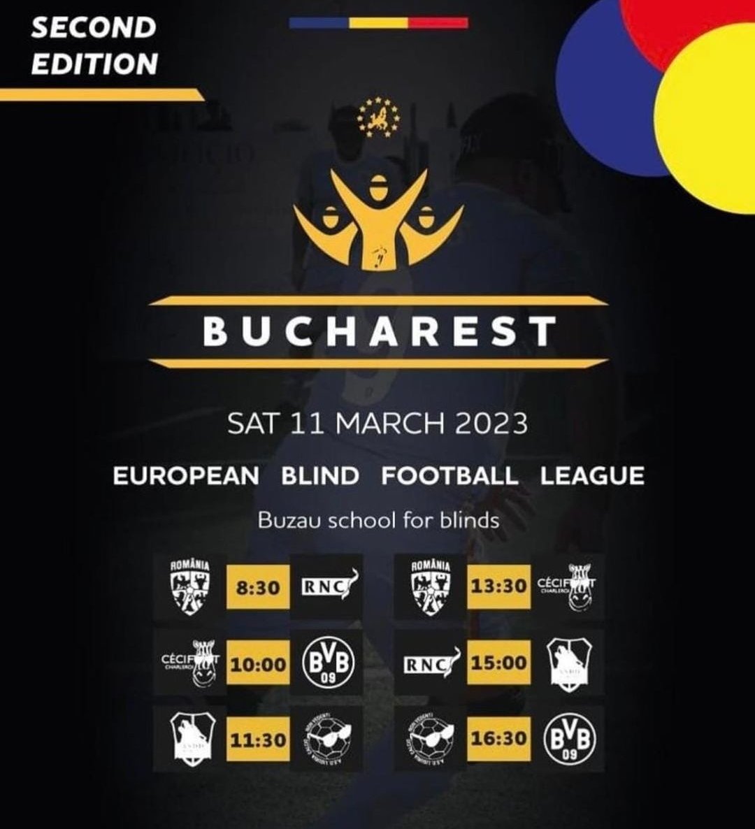 👉🏻 Les comparto el fixture de la 2da. fecha del Campeonato Europeo de fútbol 5 para ciegos. 

👉🏻 PRIMER PARTIDO: 11:30 🇷🇴 (06:30 hora 🇦🇷) vs Roma (Italia) 

👉🏻 SEGUNDO PARTIDO: 16:30 🇷🇴 (11:30 hora 🇦🇷) vs Borussia Dormund (Alemania)