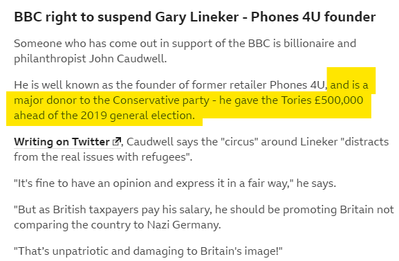 hctbn's tweet image. "BBC right to suspend Garry Linekar"...
says obviously unbiased major doner to the Tory party
#GaryGate #MOTDboycott 
And for the avoidance of doubt... I think @GaryLineker was absolutely spot on with his comment 😱 
#NeverTrustATory
