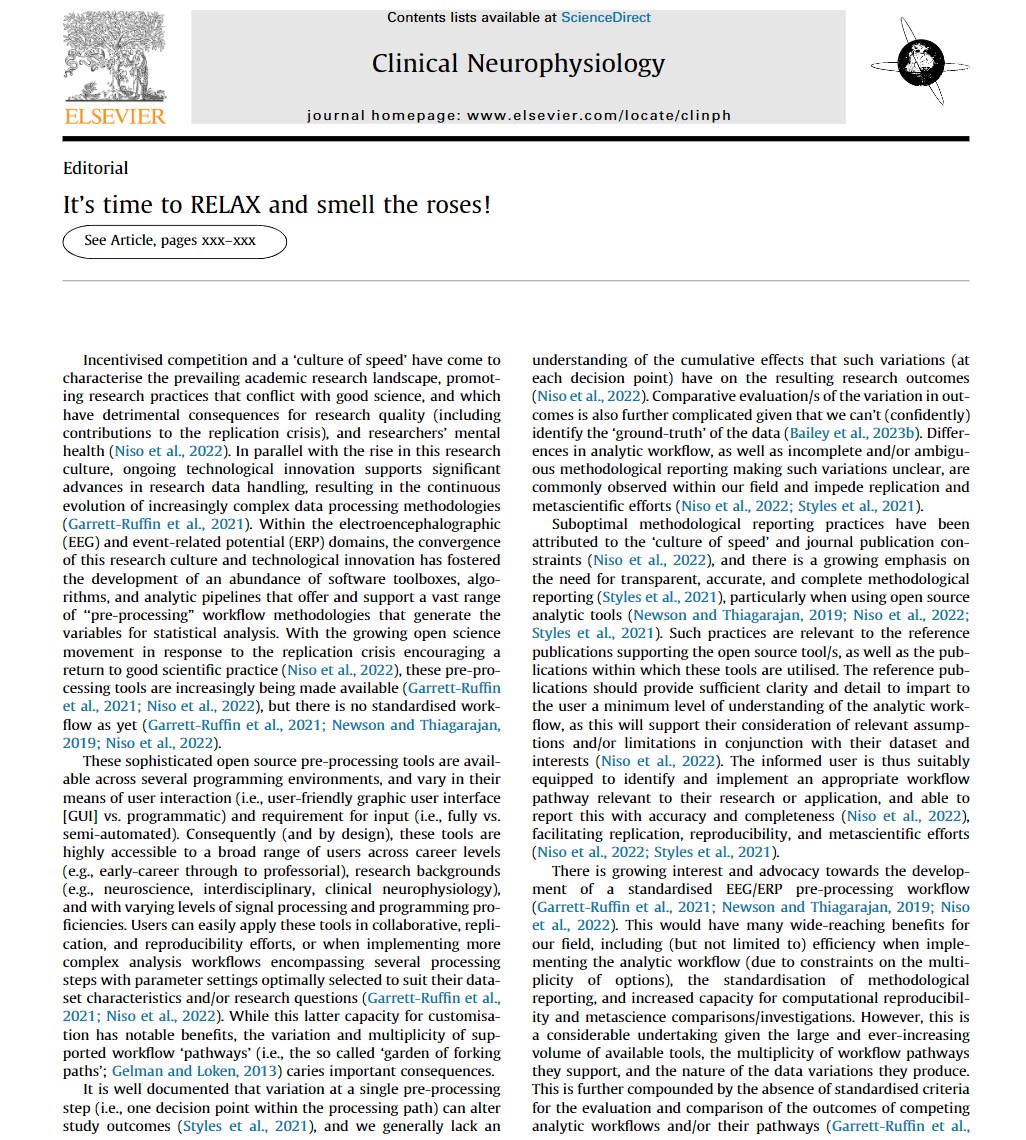 [EEG/ERP] De Blasio and Barry: "RELAX pipeline embodies the open science movement and represents an impressive and substantial undertaking towards the development of a standardised EEG pre-processing workflow,"

doi.org/10.1016/j.clin…
doi.org/10.1016/j.clin…