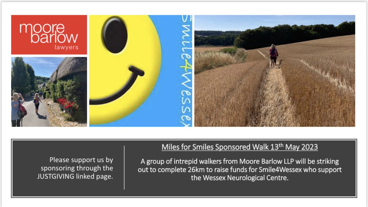Thank you <a href="/HMGoatley/">Helen Goatley</a> for sponsoring our team who are walking 26km in aid of <a href="/Smile4Wessex/">Smile4Wessex</a> on 13.05.23.  For further info on our walk click here: justgiving.com/fundraising/mo…

#braininjury <a href="/CentreWessex/">Wessex Neurological Centre</a> @MooreBarlowLLP <a href="/trevorsterl/">Dr Trevor D. Sterling (Hon. causa)</a> <a href="/FadwaErrhioui/">Fadwa</a> <a href="/HillsNiamh/">Niamh Hills</a> <a href="/AmsKhasriya/">Ams Khasriya</a> <a href="/niamhgb/">Niamh Glackin- Brown</a>