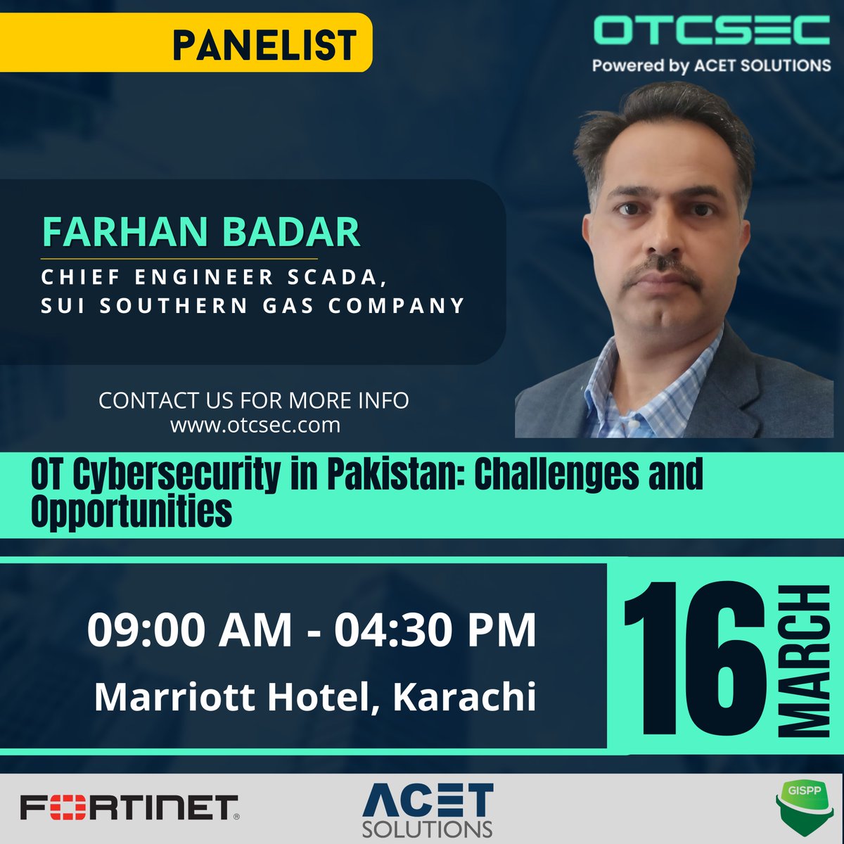 acet_solutions's tweet photo. We are thrilled to welcome Farhan Badar onboard as a panelist for our upcoming #OTCSEC conference, where he will be sharing his insights on OT Cybersecurity.

Date: 16th March, 2023
Location: Marriott Hotel, Karachi,

#otcsec #acetsolutions #otcybersecurity #event https://t.co/fu4pK00Loq