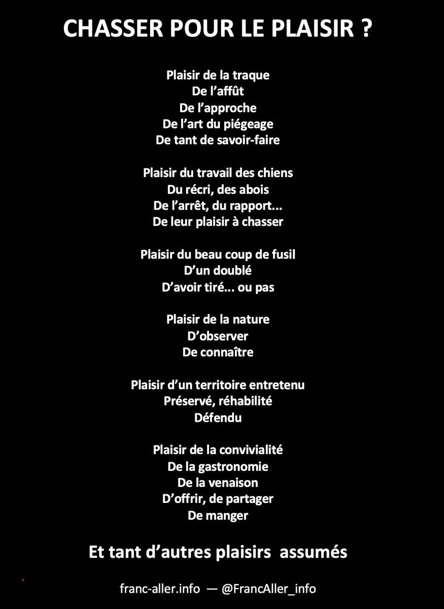 FrancAller_info's tweet image. ⚠️ RAPPEL ⚠️

Nous ne chassons pas parce qu'il "faut" chasser. Nous ne chassons pas parce que c'est "utile" de chasser.

Nous chassons parce que nous aimons chasser. Nous chassons pour les plaisirs, nombreux et variés, de ce loisir.

Mais ce faisant, nous vous rendons cependant…