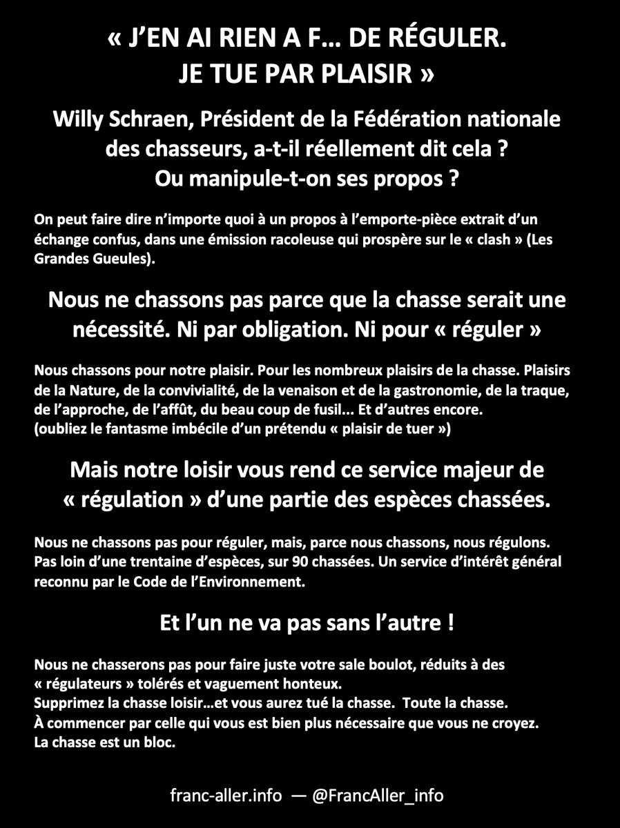 FrancAller_info's tweet image. ⚠️ RAPPEL ⚠️

Nous ne chassons pas parce qu'il "faut" chasser. Nous ne chassons pas parce que c'est "utile" de chasser.

Nous chassons parce que nous aimons chasser. Nous chassons pour les plaisirs, nombreux et variés, de ce loisir.

Mais ce faisant, nous vous rendons cependant…