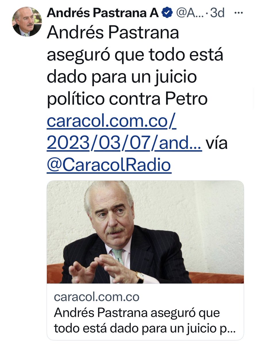 AlexLopezMaya's tweet photo. Este Sr, ha sido de los grandes responsables de la tragedia del país, y ahora habla de juicio político al gobierno de @petrogustavo q apenas lleva 6 meses tratando de reconstruir a Colombia que la llenaron de corrupción y de guerra los que ahora se las dan de pulcros
!Miserables! https://t.co/U839fwpG6W
