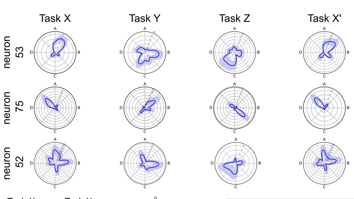 Frontal neurons fire for particular task states, but seem to remap between tasks. Turns out this remapping reveals a surprising algorithm for abstraction and sequence learning. I’ll discuss this across 2 workshop talks at #cosyne2023 . Come along if you're interested! ... (1/3)