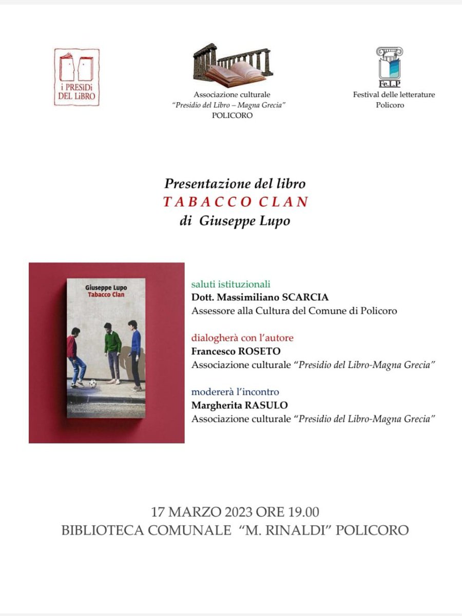 Giuseppe Lupo (@giuseppelupo8) on Twitter photo Due appuntamenti per #TabaccoClan, venerdì 17 marzo: al Liceo Galilei di #Potenza e alla Biblioteca comunale di #Policoro (Mr).
<a href="/SimonaBonito/">Simona Bonito</a> <a href="/MarsilioEditori/">Marsilio Editori</a> <a href="/GeAssociati/">Grandi & Associati</a> Due appuntamenti per #TabaccoClan, venerdì 17 marzo: al Liceo Galilei di #Potenza e alla Biblioteca comunale di #Policoro (Mr).
<a href="/SimonaBonito/">Simona Bonito</a> <a href="/MarsilioEditori/">Marsilio Editori</a> <a href="/GeAssociati/">Grandi & Associati</a>