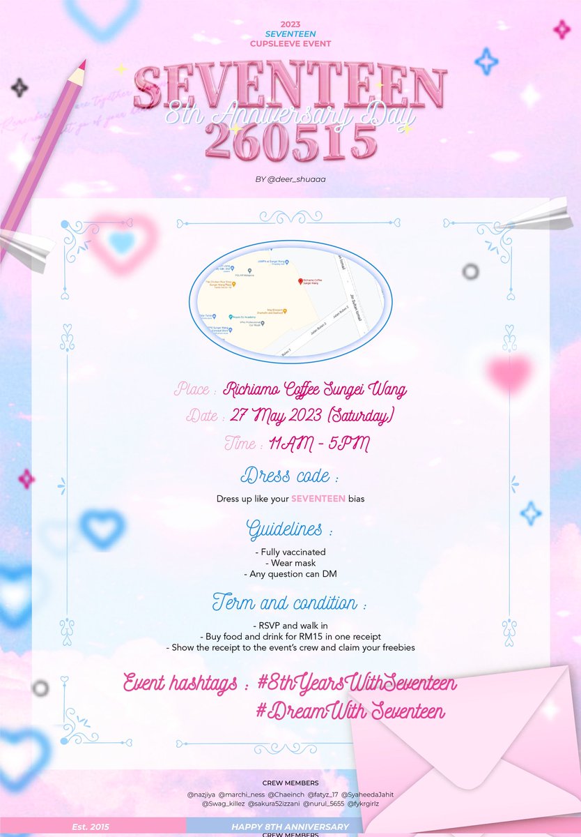 deer_shuaaa's tweet photo. KNOCK KNOCK💎 ₊✩₊
💌Carat you're invited to Seventeen 8th Anniversary Cupsleeve Event ✩

♡#8thYearsWithSeventeen
♡#DreamWithSeventeen

♡27th MAY 2023
♡11 am – 5 pm
♡Richiamo Coffee Sungei Wang 

☁️ Let's dress up like your bias! https://t.co/38plYrzaSg
