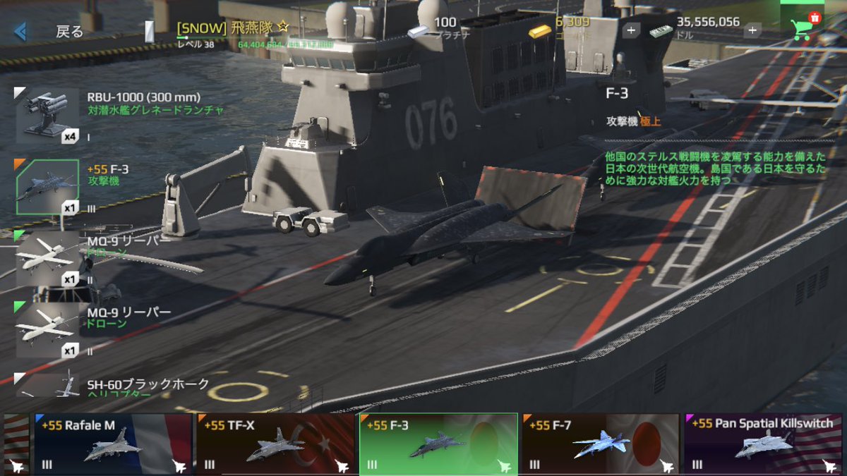 この子で欲しかった過去マーケット品全部手に入りましたー!!
心神、タラニス、F-3、イジ山、キルスイッチ、H-6、Tu-22、カモフ、SMX31、F-126。これにてコンプリート!!
トム猫以下犠牲になった装備に合掌!!
そして我慢しなかった自分に喝!
コンプまでに5万くらいかかったなあ……