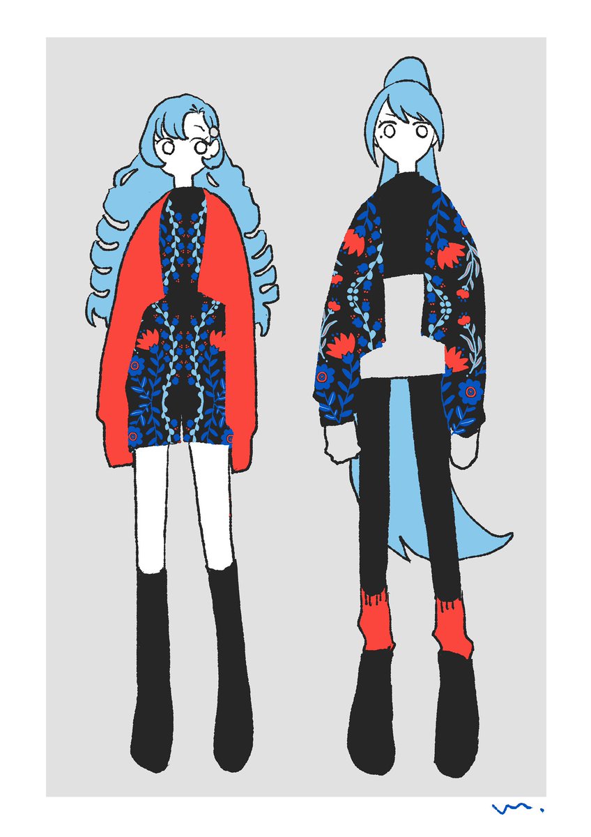 long hair 2girls blue hair multiple girls black footwear ponytail pants  illustration images