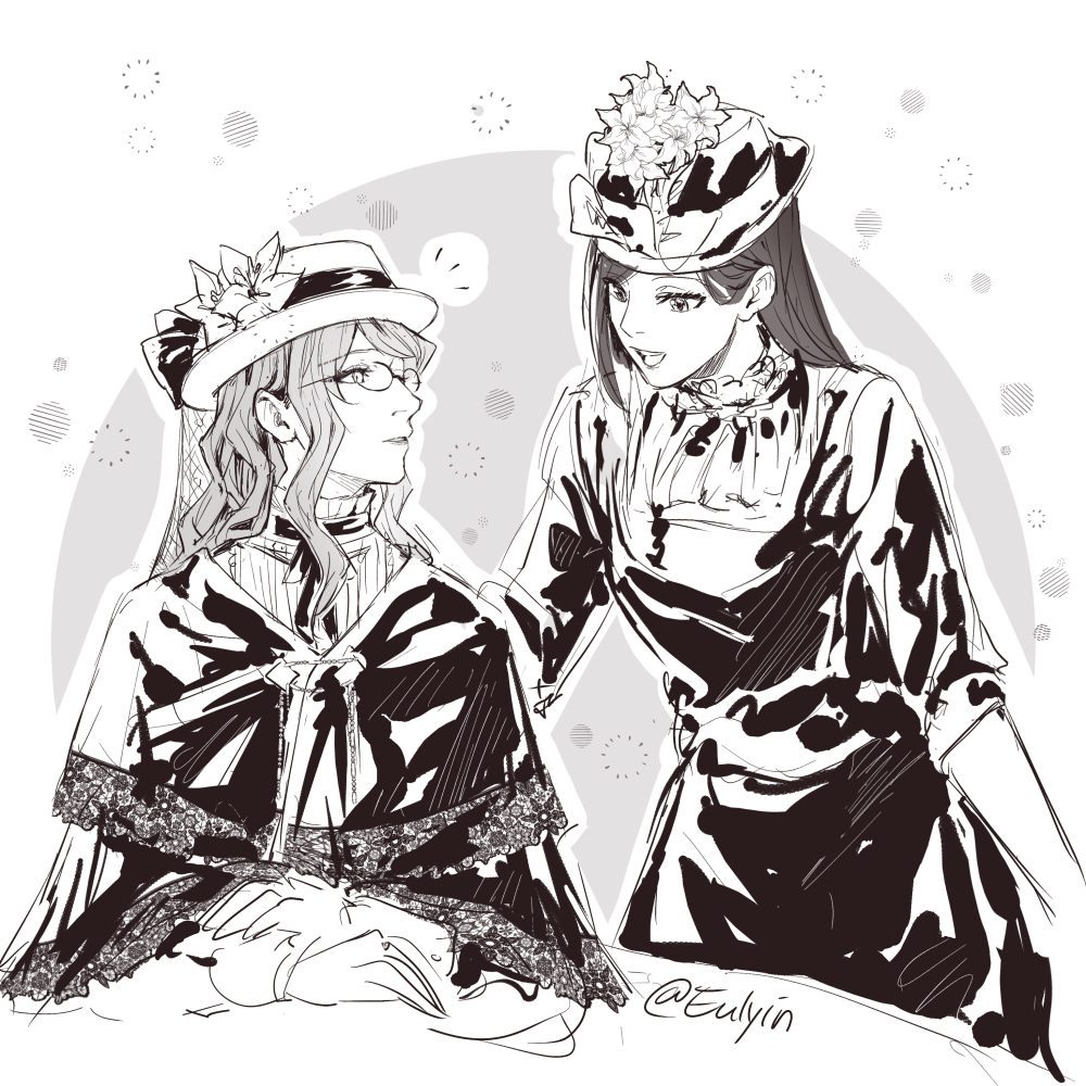 2girls multiple girls monochrome greyscale hat looking at another long hair  illustration images