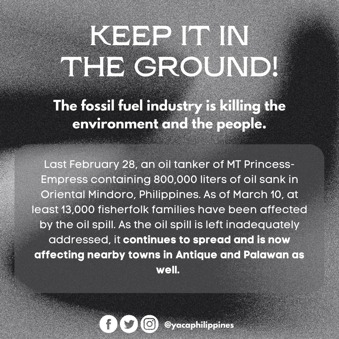 YACAPhilippines's tweet photo. 📢CALL FOR DONATIONS FOR COMMUNITIES AFFECTED BY RECENT OIL SPILL IN MINDORO, PHILIPPINES📢

The fossil fuel industry is killing the environment and the people. 

#KeepItInTheGround
#ClimateJusticeNow https://t.co/jAPJEhKjCw