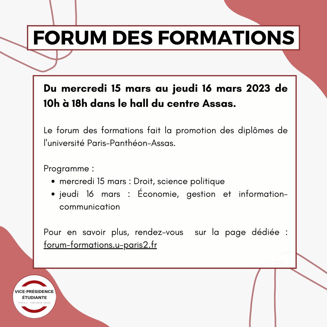La semaine prochaine se tiendra le forum des formations au Centre Assas.

Des stands par formation seront tenus par les étudiants afin de répondre à toutes vos questions ! 

Nous espérons vous voir nombreux !

Pour plus d’informations : forum-formations.u-paris2.fr

<a href="/AssasUniversite/">Panthéon-Assas université</a>