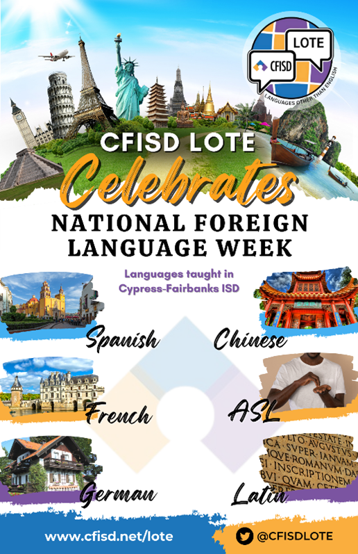CyFairISD's tweet photo. Happy #NationalForeignLanguageWeek! 18,000+ students in CFISD study Spanish as a second language. Did you know that more than 500 million people in the world speak Spanish? The U.S. is home to more than 41 million native Spanish speakers. https://t.co/s3VnefeqFd #CFISDforAll https://t.co/rxHUGjwk5C