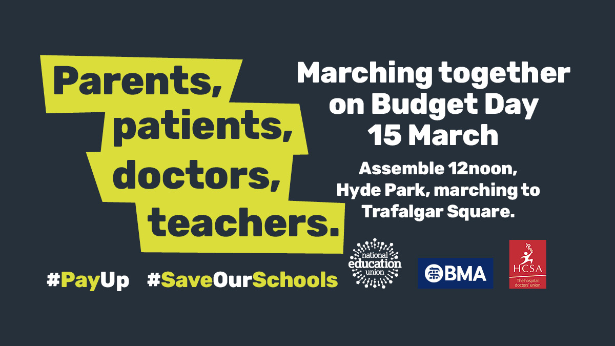 NEUnion's tweet photo. We’re all in this together!

Parents, patients, doctors, teachers – standing up for our services on Budget Day – 15 March.

If ministers want to stop our strikes, they need sit down and negotiate with us.

Get strike ready here.👉 https://t.co/J9Wka2oF2b

#PayUp #SaveOurSchools https://t.co/AcII8ssoAI