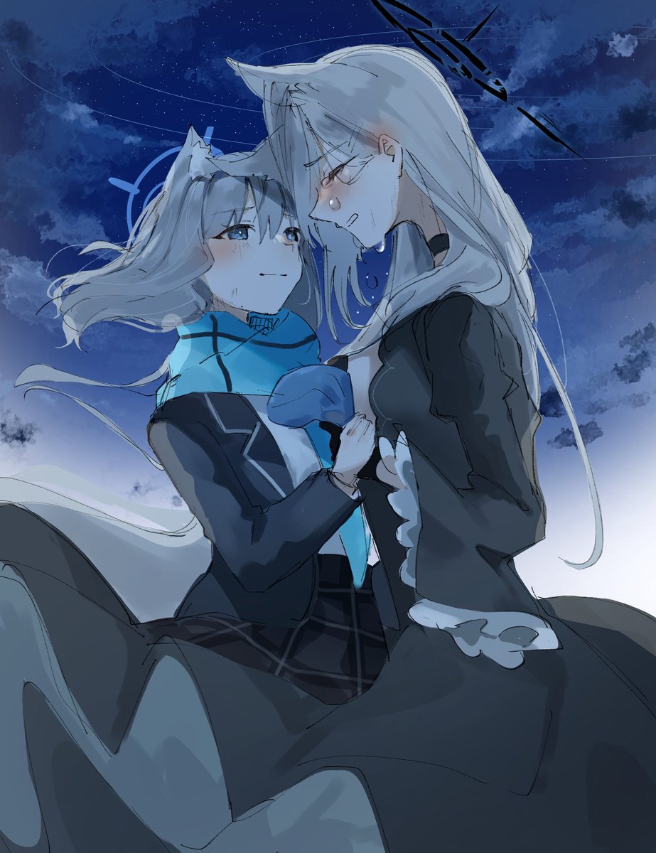 shiroko (blue archive) 2girls multiple girls animal ears halo scarf blue scarf crying  illustration images