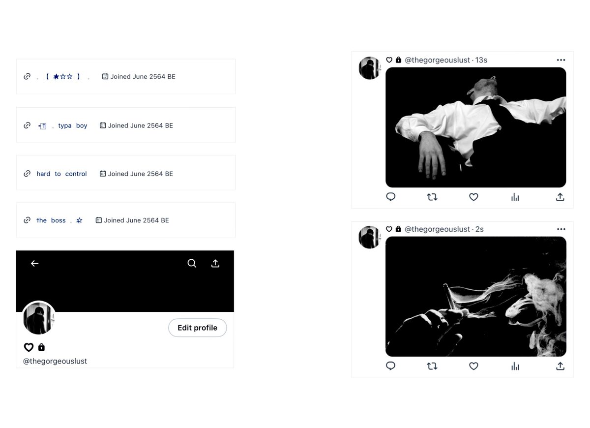 ⠀⠀
⠀ ⠀⠀ ⠀⠀ ⠀⠀⠀ 𓈒 typa girl &amp; typa boy 𓈒

𓈒 ╺ 1 set , 10 baht ( 19 work )
𓈒 ╺ 2 set or all , 15 baht ( 38 work )
𓈒 ╺ mt 1 (girl) , 2 (boy) or all
𓈒 ╺ can edit @̶ , emoji , “you/girl/boy/man/woman/xxxxxx” in these form
𓈒 ╺ can mt until i close