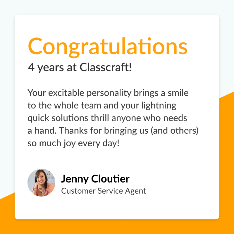classcraftgame's tweet photo. Congratulations on four terrific years, Jenny! Your contributions at Classcraft have made a world of difference for us. 🎉 #workanniversary #classcraft #celebrations https://t.co/rS2wGNoyIx