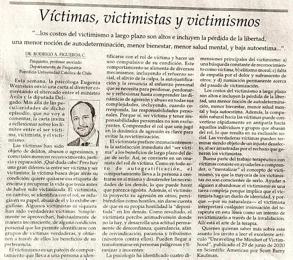 RodrigoAFiguero's tweet photo. Víctimas, victimistas y victimismos. Mi columna de opinión hoy en El Mercurio. https://t.co/iNpyc2Cylj