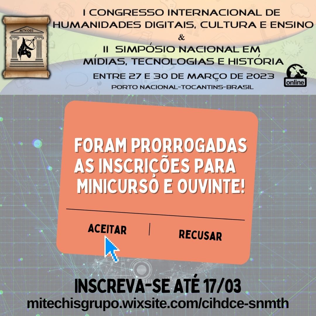 MITECHIS1's tweet image. 🚨 PRAZOS PRORROGADOS!

🥁 Atendendo a pedidos, foram prorrogados os prazos para inscrição em minicurso e ouvinte. 

⏳ *Seguem as novas datas:*

🗓️ Inscrição minicurso: *até 17/03*
🗓️ Inscrição ouvinte: *até 17/03*

📲 Para realizar sua inscrição, *acesse o site do evento*