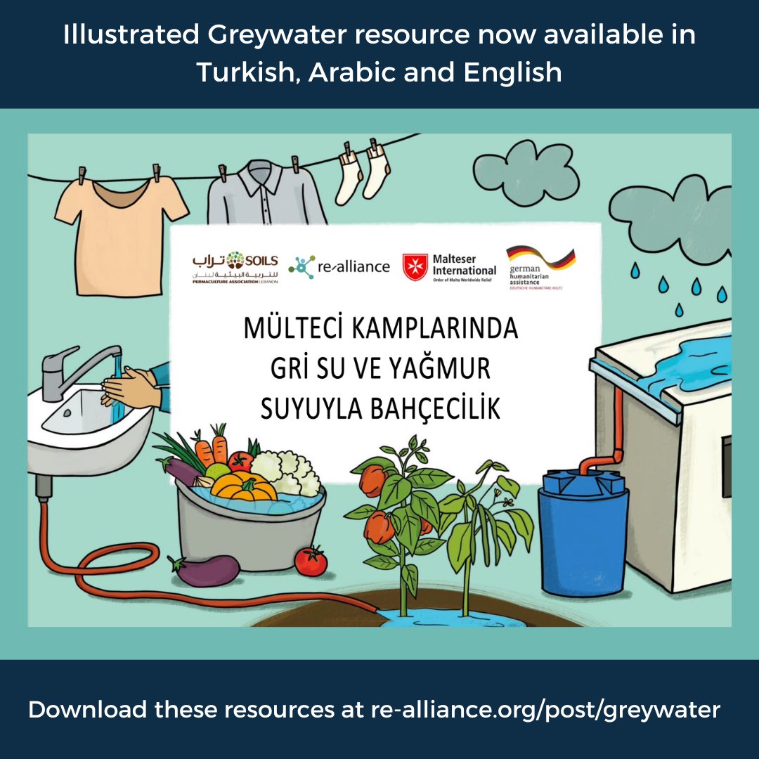 Our guide for using greywater has now been translated in Turkish as well as English and Arabic.

Harvesting greywater can be essential when dealing with disrupted infrastructure as in Türkiye and Syria following the recent earthquakes.

Download from re-alliance.org/post/greywater