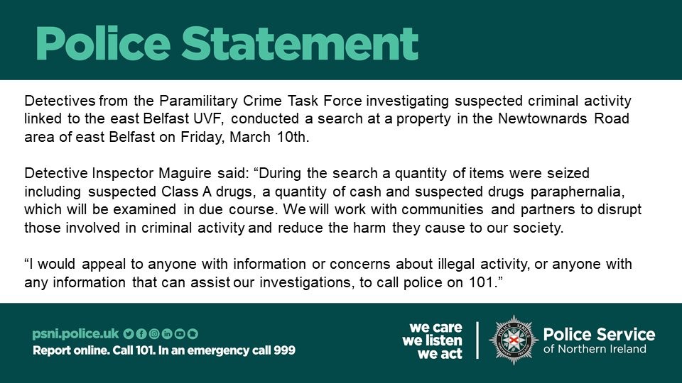 #Detectives from the #Paramilitary Crime Task Force, investigating suspected criminal activity linked to the east Belfast #UVF, conducted a search at a house in the Newtownards Road area of east Belfast on Friday, March 10th
#EndingTheHarm
#OpDealbreaker twitter.com/PSNIBelfastE/s…