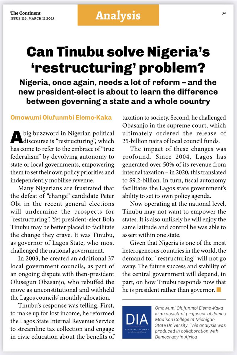 Grateful to <a href="/thecontinent_/">The Continent</a> for publishing a version of my analysis in their weekly newspaper, out today! Subscribe via Whatsapp to get the latest issue! Thanks again <a href="/AfricaDemocracy/">Democracy in Africa</a> for the collaboration 🌍
#NigeriaDecides 
#NigeriaDecides2023