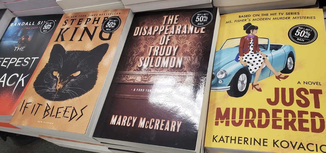 mcmarcy's tweet photo. I love when my friends send me pics of my book in the wild. Especially when I'm sandwiched between @StephenKing and @KathKov1 at @BNHingham (another pinch-me moment in my #AuthorLife) https://t.co/jaOWD7Koke