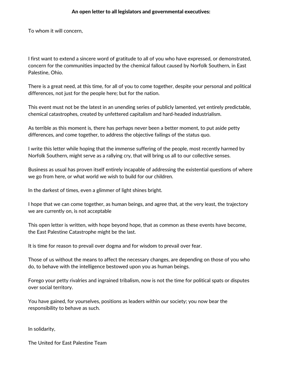 UnitedFor_'s tweet photo. An open letter to all government legislators and executives. #EastPalestine https://t.co/xbco7J23vC