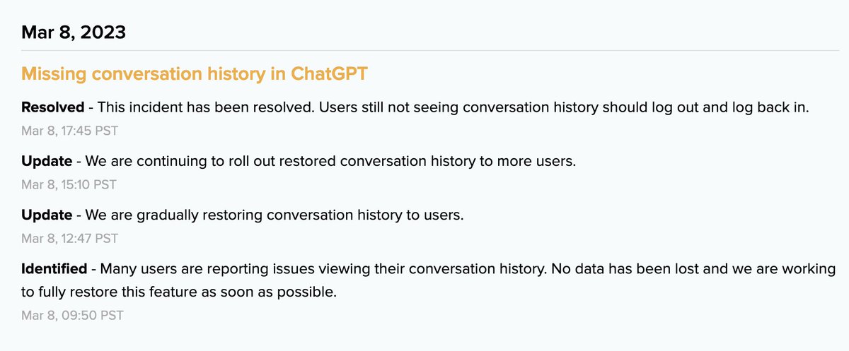 escobyte's tweet photo. If you can't see your ChatGPT history, don't worry it was fixed 3 days ago! For some reason @OpenAI thought they didn't need to tell you on the actual ChatGPT page because its on their https://t.co/C27qvFyXVX page that everyone checks all the time🤦🏿‍♂️. https://t.co/2kp63wY28d