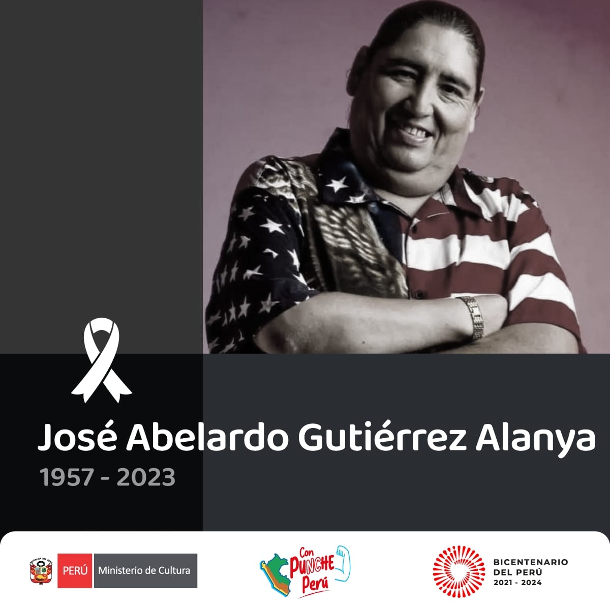 MinCulturaPe's tweet photo. 🕊️ Lamentamos el fallecimiento de José Abelardo Gutiérrez Alanya, conocido como 'Tongo', cantante y compositor de cumbia peruana que trascendió en la música y cultura popular de nuestro país. Extendemos nuestras condolencias a sus familiares y amigas/os. https://t.co/bmijnFP6pR