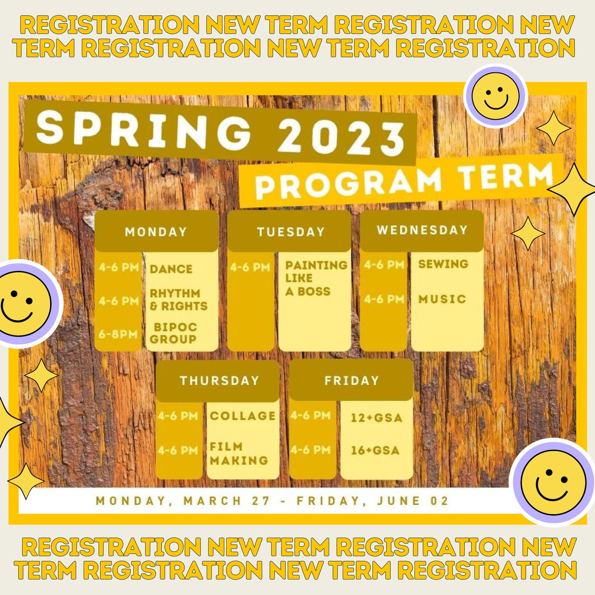We're excited to announce our Spring 2023 Program Term!
It is running from March 27 - June 02!
All programs are free of charge.
Register now through the link: ow.ly/4iRp50NfHaq