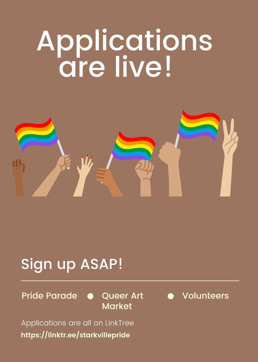 It’s official all of our applications are open! Want to be in the Pride Parade? Want to sell your creations at the Queer Art Marker? Want to volunteer with Pride? Follow the link in our bio or go to this link! -> linktr.ee/starkvillepride

#StarkvillePride #starkvillepridepersists