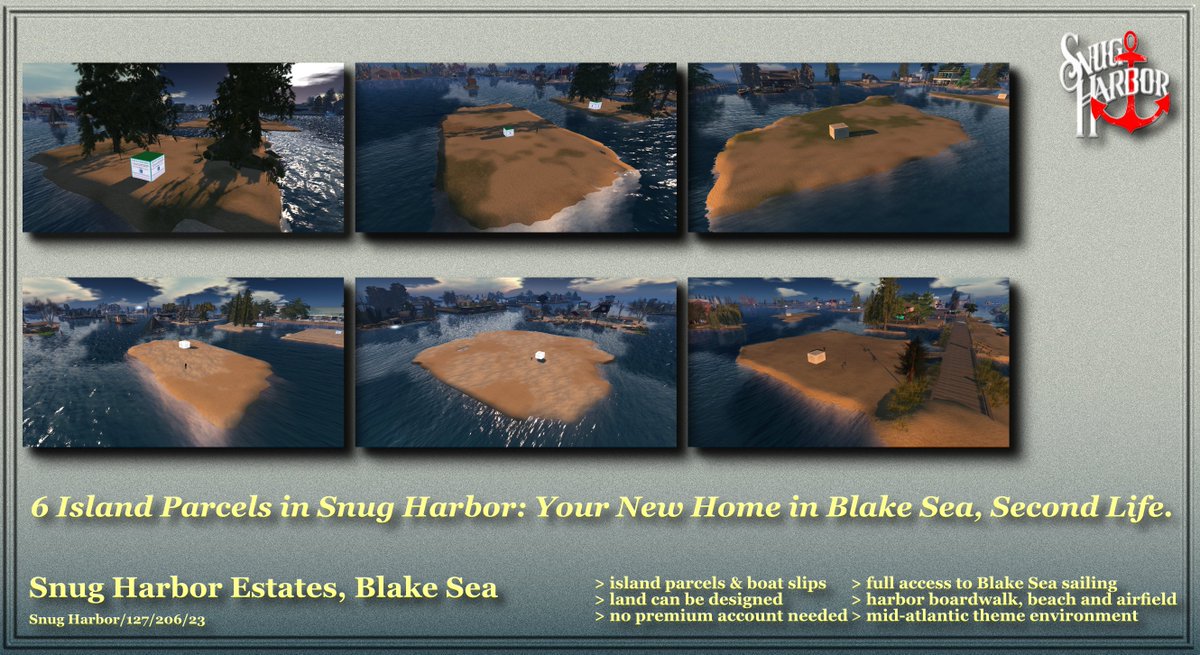 DariahRaynier's tweet photo. 6 bargains. 6 ideas for your new home and own land in #SnugHarbor #SecondLife.

> Connected to Blake Sea
> Open water for boating
> Design for your needs
> Mid-atlantic theme

No premium account needed.
Support from our management team.

Start your visit:
https://t.co/WjQ7NMah4R https://t.co/gmQYGJwRe8