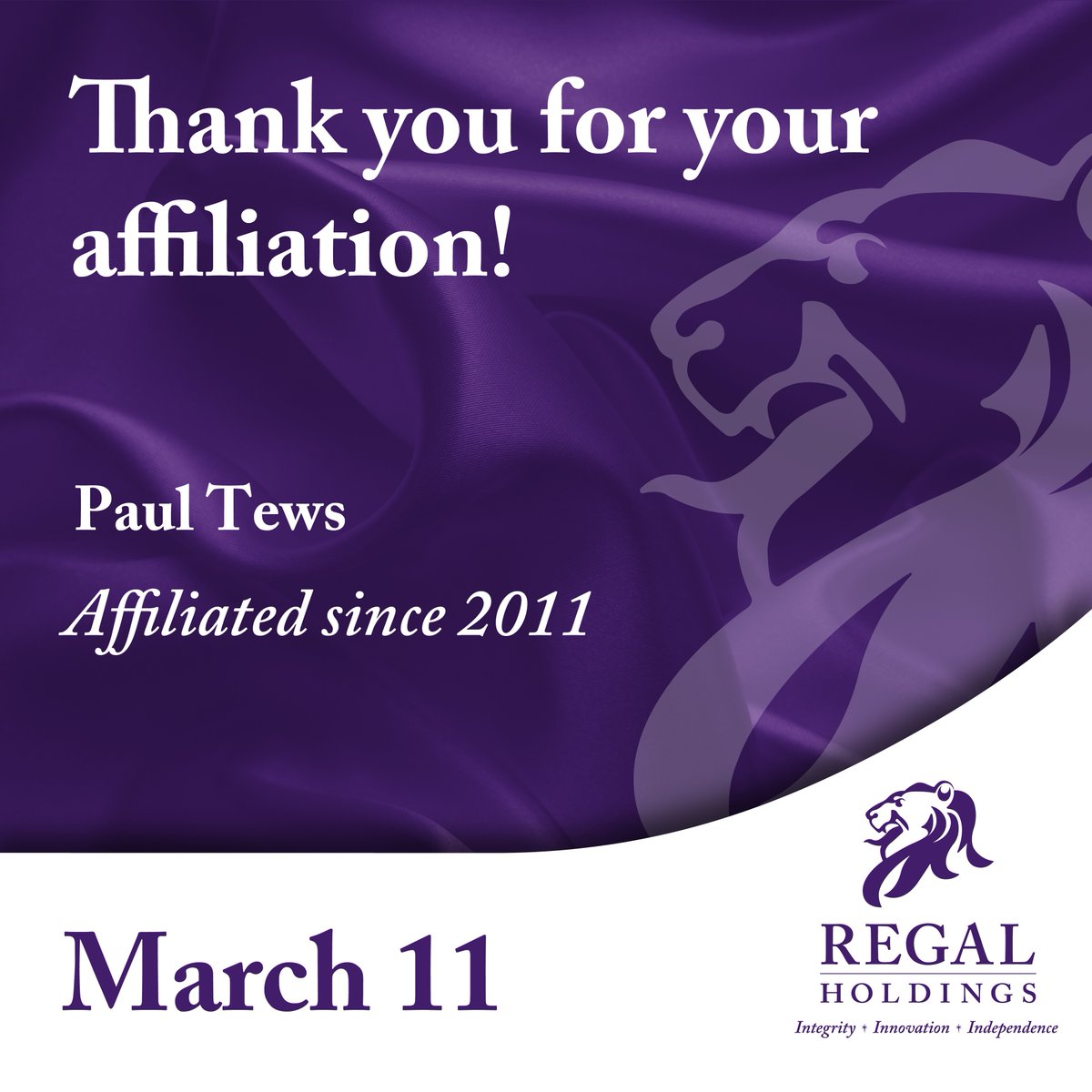 We would like to recognize our friend and colleague Paul Tews, for his 12 years of affiliation! Thank you for serving your clients so proudly!