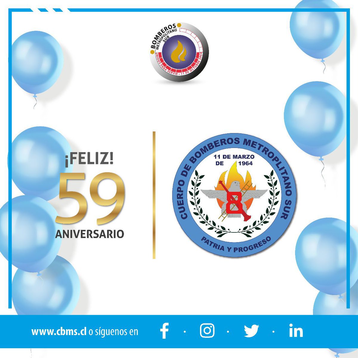 Bomberos_MetSur's tweet photo. #SuperintendenteCBMS #ComandanteCBMS y todo el Honorable Directorio envía un fraterno mensaje de afecto y felicitaciones a las y los integrantes de la @bombaoctava en su 59° aniversario de fundación al servicio de @muniloespejo y donde la emergencia lo necesite
#unidosparaservir https://t.co/eF5E3IwPZL