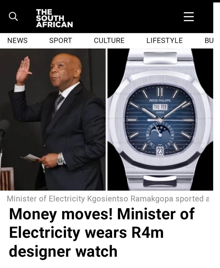 Jacques Maree (@jacquesmaree73) on Twitter photo I don't know what he earned as a Gauteng MEC, or during his stint in the Presidency, but that watch is three times his annual salary as Tshwane Mayor, and almost twice his annual salary now as minister.
<a href="/sarstax/">SA Revenue Service</a>, does any of this interest you? I don't know what he earned as a Gauteng MEC, or during his stint in the Presidency, but that watch is three times his annual salary as Tshwane Mayor, and almost twice his annual salary now as minister.
<a href="/sarstax/">SA Revenue Service</a>, does any of this interest you?